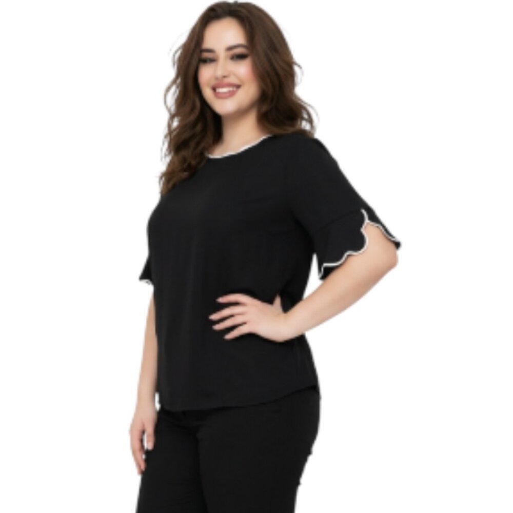 Calvin Klein Black Split Sleeve White Trim Scoop Neck  Blouse